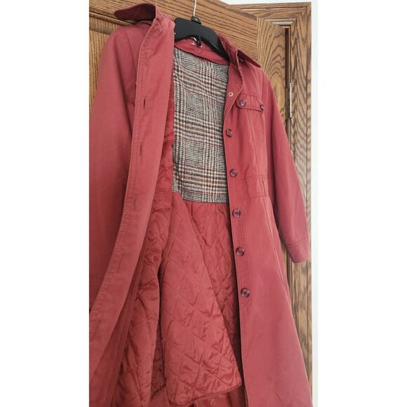Vintage 80s Retro Dusty Rose Pink Plaid Lined Midi Trench Coat w/ Over-Vest PS - Picture 5 of 12